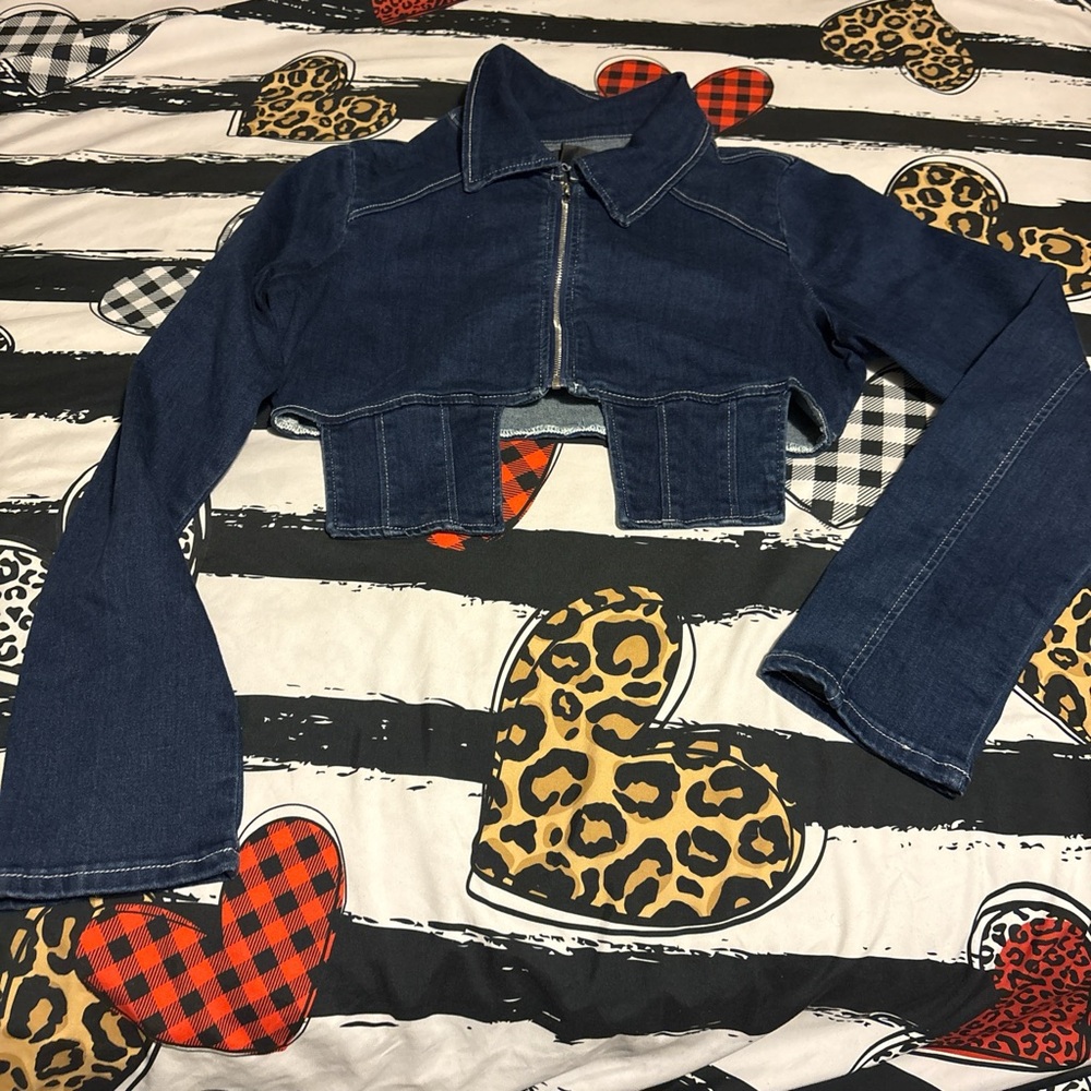 Fashion Nova Dark Blue Denim Cropped Jacket
